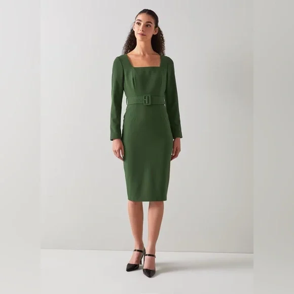 L.K. Bennett Carrington Green Recycled Polyester Blend Square Neck Dress - Picture 3 of 16
